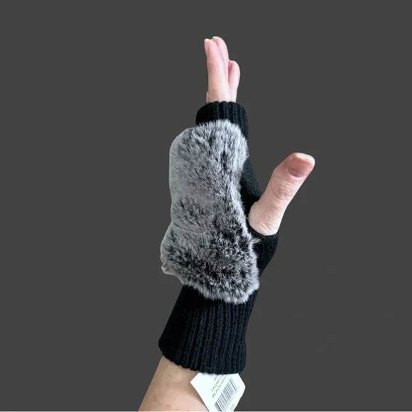 Jocelyn Women’s Black & White Fur Knit Fingerless Gloves Sz OS - Picture 5 of 13